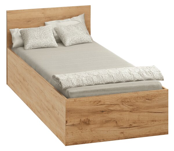 KONDELA Postel s kovovým roštem a úložným prostorem, 90x200, dub craft zlatý, DOLI