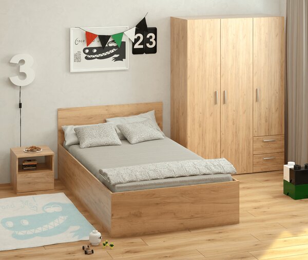 KONDELA Postel s kovovým roštem a úložným prostorem, 120x200, dub craft zlatý, DOLI