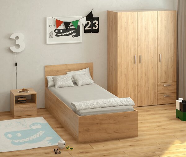 KONDELA Postel s kovovým roštem a úložným prostorem, 90x200, dub craft zlatý, DOLI