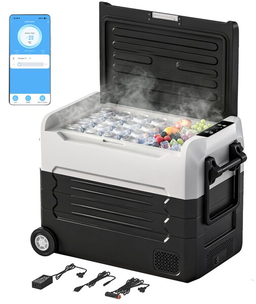 Outsunny 50 l dvouzónová kompresorová lednice (-20 °C až 20 °C) přenosný elektrický autochladící box s aplikací, LED, ochranou baterie, skládací rukoj