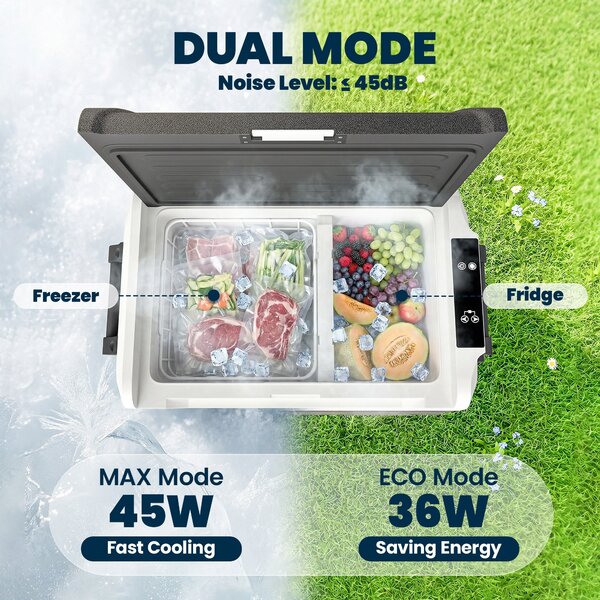 Outsunny 50 l dvouzónová kompresorová lednice (-20 °C až 20 °C) přenosný elektrický autochladící box s aplikací, LED, ochranou baterie, skládací rukoj