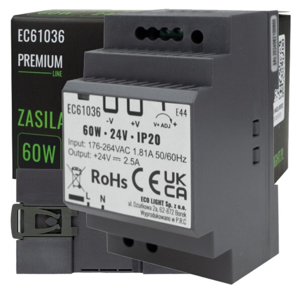ECOLIGHT Napájecí zdroj na DIN lištu - 24V 60W 2,5A pro IP20 PREMIUM LED pásek