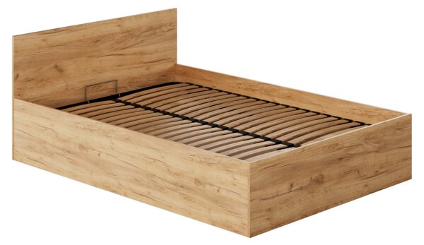 KONDELA Postel s kovovým roštem a úložným prostorem, 140x200, dub craft zlatý, DOLI