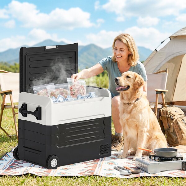 Outsunny 50 l dvouzónová kompresorová lednice (-20 °C až 20 °C) přenosný elektrický autochladící box s aplikací, LED, ochranou baterie, skládací rukoj