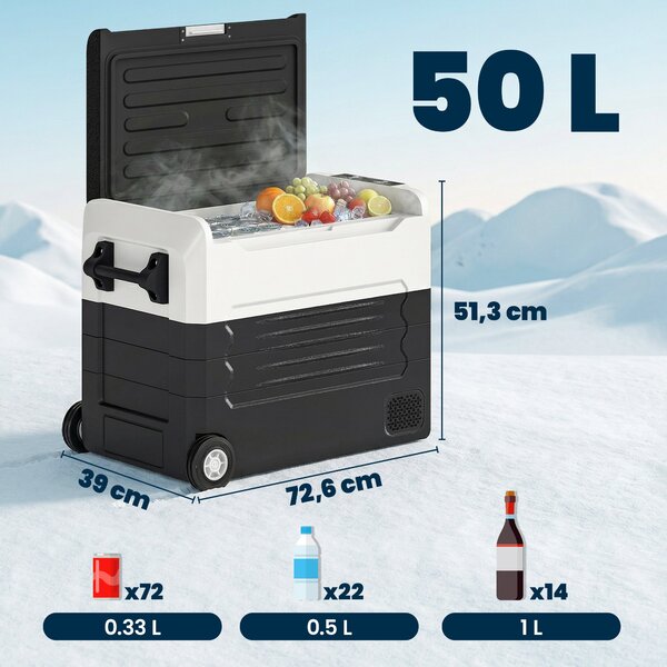 Outsunny 50 l dvouzónová kompresorová lednice (-20 °C až 20 °C) přenosný elektrický autochladící box s aplikací, LED, ochranou baterie, skládací rukoj
