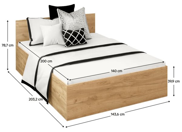 KONDELA Postel s kovovým roštem a úložným prostorem, 140x200, dub craft zlatý, DOLI