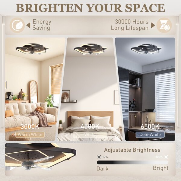 HOMCOM LED stropní světlo s ventilátorem 53 cm – tichý DC motor, 6 rychlostí, časovač, dálkové ovládání, 3 barevné teploty, černé | Aosom
