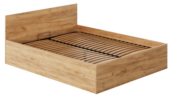 KONDELA Postel s kovovým roštem a úložným prostorem, 160x200, dub craft zlatý, DOLI