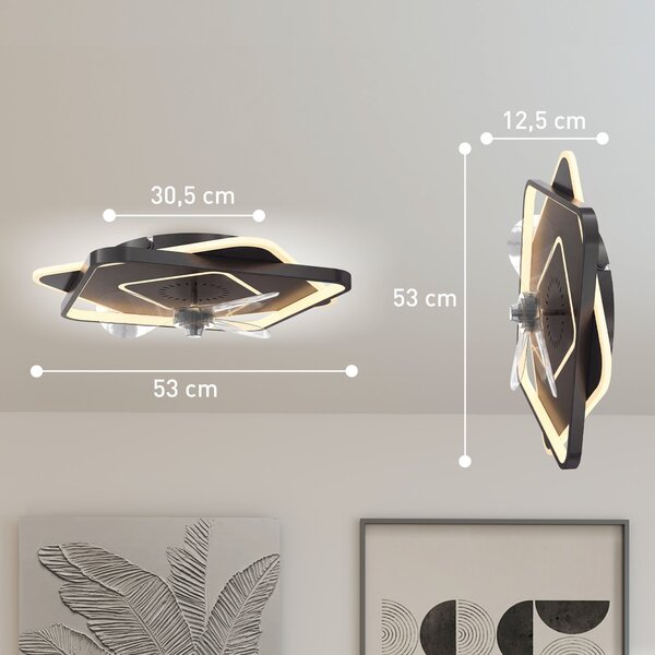 HOMCOM LED stropní světlo s ventilátorem 53 cm – tichý DC motor, 6 rychlostí, časovač, dálkové ovládání, 3 barevné teploty, černé | Aosom