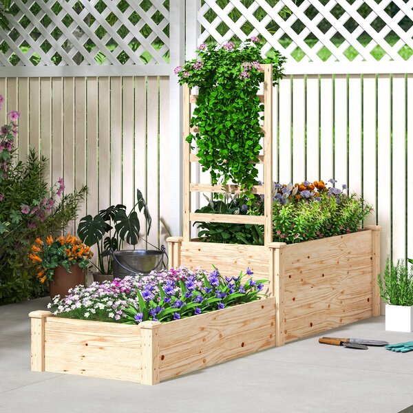 Outsunny Velký venkovní dřevěný květináč s mřížkou pro popínavé rostliny a 2 květinové boxy pro zahradu, terasu 222x63x132 cm Přírodní dřevo | Aosom