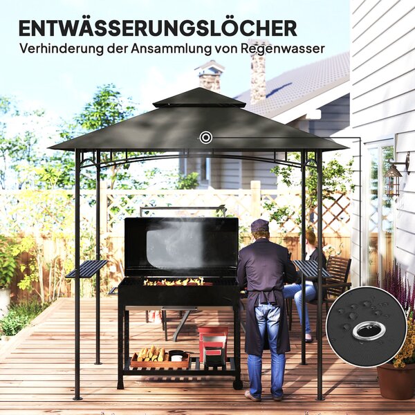 Outsunny BBQ pavilon s LED 240 x 150 x 258 cm, voděodolný a ohnivzdorný zahradní pavilon s dvouvrstvou střechou, bočními policemi, zahradní pergola s