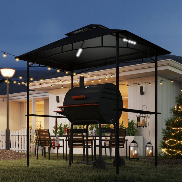 Outsunny BBQ pavilon s LED 240 x 150 x 258 cm, voděodolný a ohnivzdorný zahradní pavilon s dvouvrstvou střechou, bočními policemi, zahradní pergola s