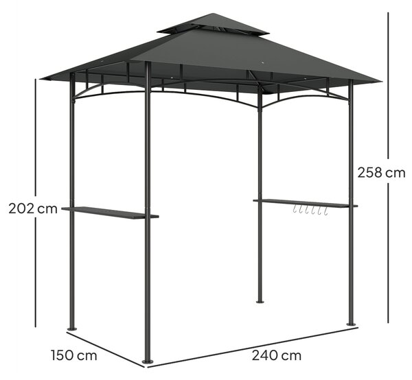 Outsunny BBQ pavilon s LED 240 x 150 x 258 cm, voděodolný a ohnivzdorný zahradní pavilon s dvouvrstvou střechou, bočními policemi, zahradní pergola s