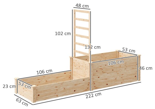 Outsunny Velký venkovní dřevěný květináč s mřížkou pro popínavé rostliny a 2 květinové boxy pro zahradu, terasu 222x63x132 cm Přírodní dřevo | Aosom