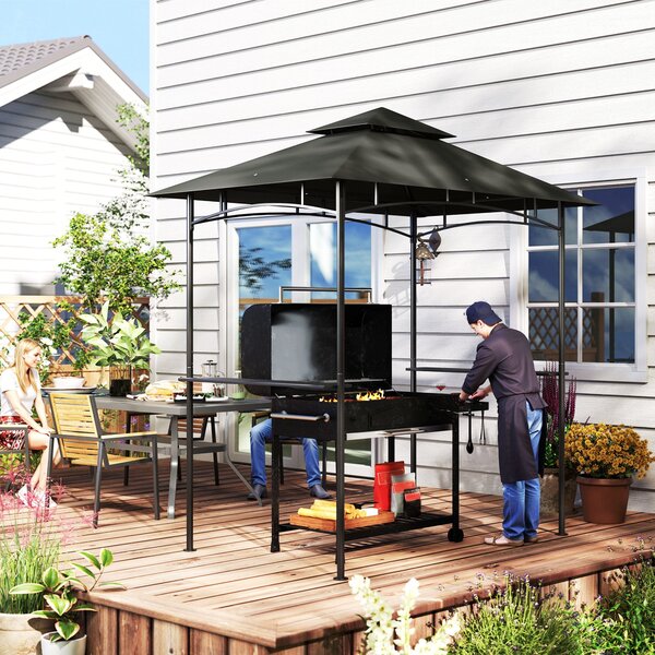 Outsunny BBQ pavilon s LED 240 x 150 x 258 cm, voděodolný a ohnivzdorný zahradní pavilon s dvouvrstvou střechou, bočními policemi, zahradní pergola s