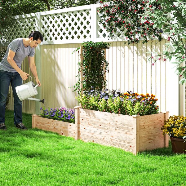 Outsunny Velký venkovní dřevěný květináč s mřížkou pro popínavé rostliny a 2 květinové boxy pro zahradu, terasu 222x63x132 cm Přírodní dřevo | Aosom