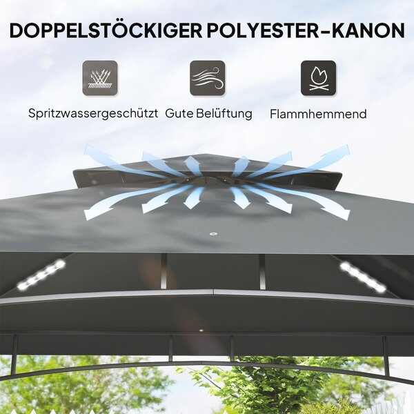 Outsunny BBQ pavilon s LED 240 x 150 x 258 cm, voděodolný a ohnivzdorný zahradní pavilon s dvouvrstvou střechou, bočními policemi, zahradní pergola s