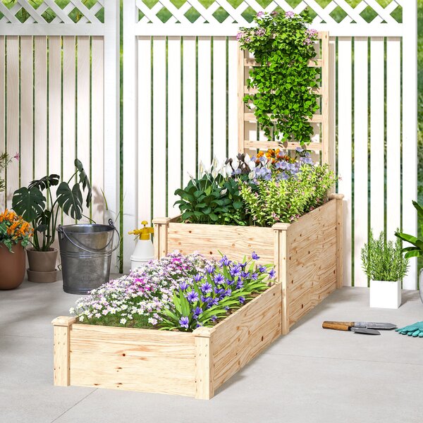 Outsunny Velký venkovní dřevěný květináč s mřížkou pro popínavé rostliny a 2 květinové boxy pro zahradu, terasu 222x63x132 cm Přírodní dřevo | Aosom
