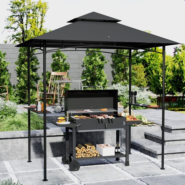 Outsunny BBQ pavilon s LED 240 x 150 x 258 cm, voděodolný a ohnivzdorný zahradní pavilon s dvouvrstvou střechou, bočními policemi, zahradní pergola s