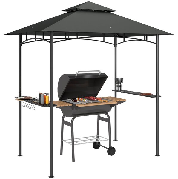 Outsunny BBQ pavilon s LED 240 x 150 x 258 cm, voděodolný a ohnivzdorný zahradní pavilon s dvouvrstvou střechou, bočními policemi, zahradní pergola s