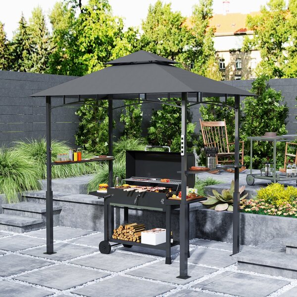 Grilovací pavilon Outsunny s LED 243 x 148 x 248 cm Voděodolný a nehořlavý zahradní pavilon s dvojitou střechou, postranními policemi, altánem s UV oc