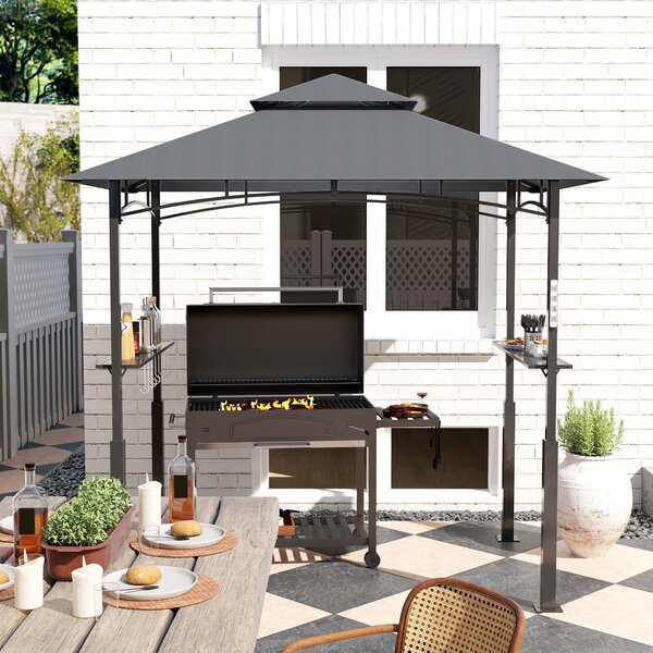 Grilovací pavilon Outsunny s LED 243 x 148 x 248 cm Voděodolný a nehořlavý zahradní pavilon s dvojitou střechou, postranními policemi, altánem s UV oc