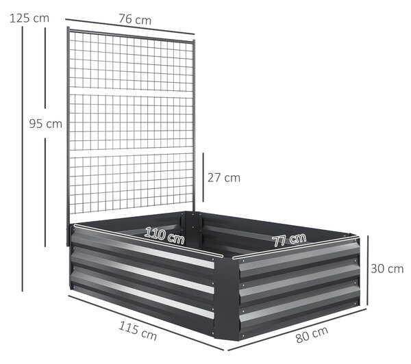 Outsunny Velký Zahradní Květináč z Pozinkované Oceli s Trellis pro Popínavé Rostliny a Otevřenou Základnou pro Terasu nebo Balkon 80x115x125 cm Tmavě