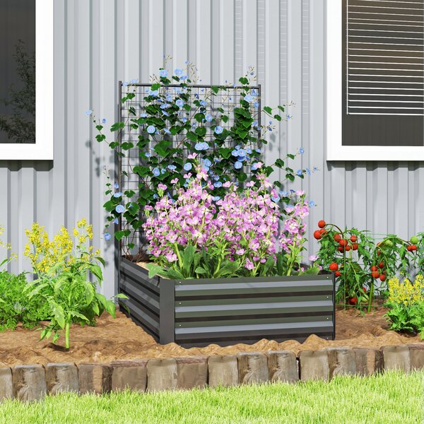Outsunny Velký Zahradní Květináč z Pozinkované Oceli s Trellis pro Popínavé Rostliny a Otevřenou Základnou pro Terasu nebo Balkon 80x115x125 cm Tmavě