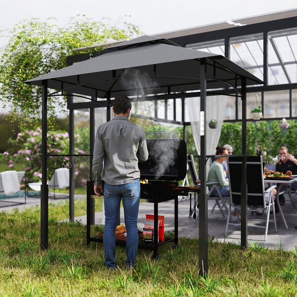 Grilovací pavilon Outsunny s LED 243 x 148 x 248 cm Voděodolný a nehořlavý zahradní pavilon s dvojitou střechou, postranními policemi, altánem s UV oc