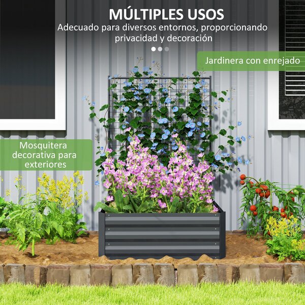 Outsunny Velký Zahradní Květináč z Pozinkované Oceli s Trellis pro Popínavé Rostliny a Otevřenou Základnou pro Terasu nebo Balkon 80x115x125 cm Tmavě