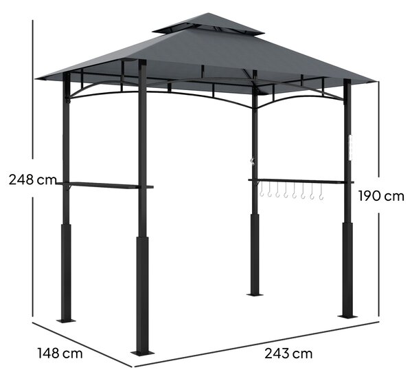 Grilovací pavilon Outsunny s LED 243 x 148 x 248 cm Voděodolný a nehořlavý zahradní pavilon s dvojitou střechou, postranními policemi, altánem s UV oc