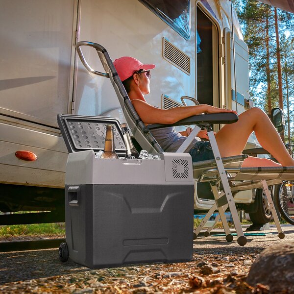 HOMCOM Chladnička s kompresorem 50 litrů Elektrická chlazená až na -20°C Mini chladnička s ECO módem, funkce chlazení, mrazící box 12/230 V pro auto