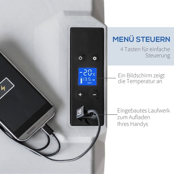 HOMCOM Chladnička s kompresorem 50 litrů Elektrická chlazená až na -20°C Mini chladnička s ECO módem, funkce chlazení, mrazící box 12/230 V pro auto