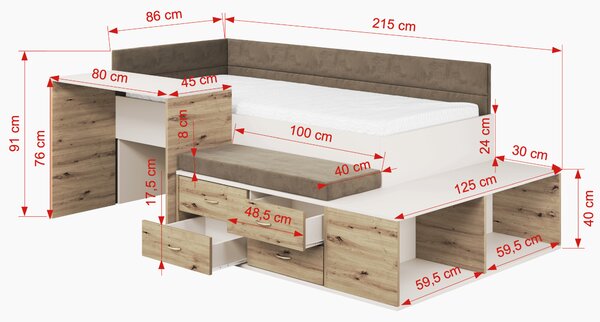 Multifunkční postel s úložným prostorem 80x180 ALDA - bílá / dub artisan / hnědá, levé provedení