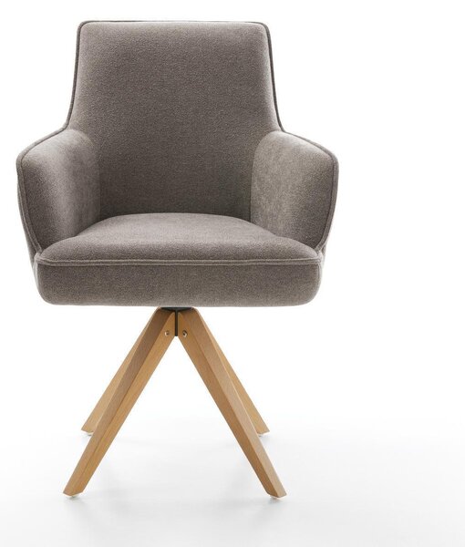 DELIFE Jídelní židle Heira-Flex s područkami strukturovaná látka měkká taupe dřevěná podnož hranatá přírodní 360° otočná taštičkové pružiny