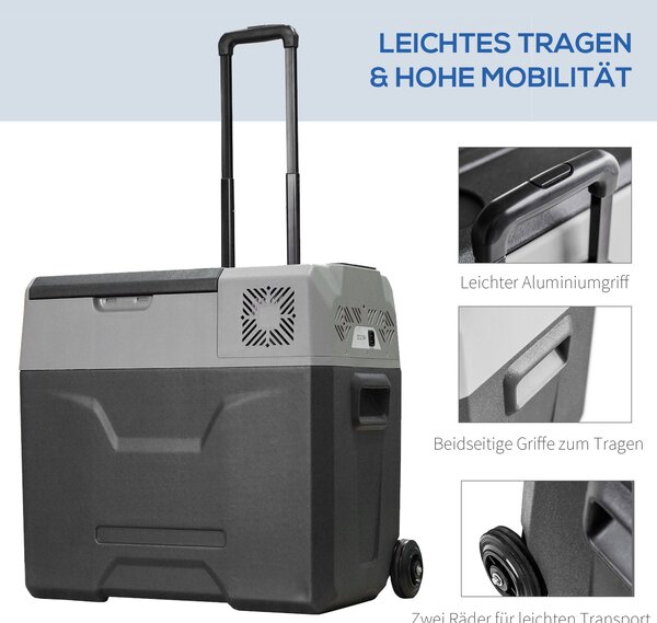 HOMCOM Chladnička s kompresorem 50 litrů Elektrická chlazená až na -20°C Mini chladnička s ECO módem, funkce chlazení, mrazící box 12/230 V pro auto