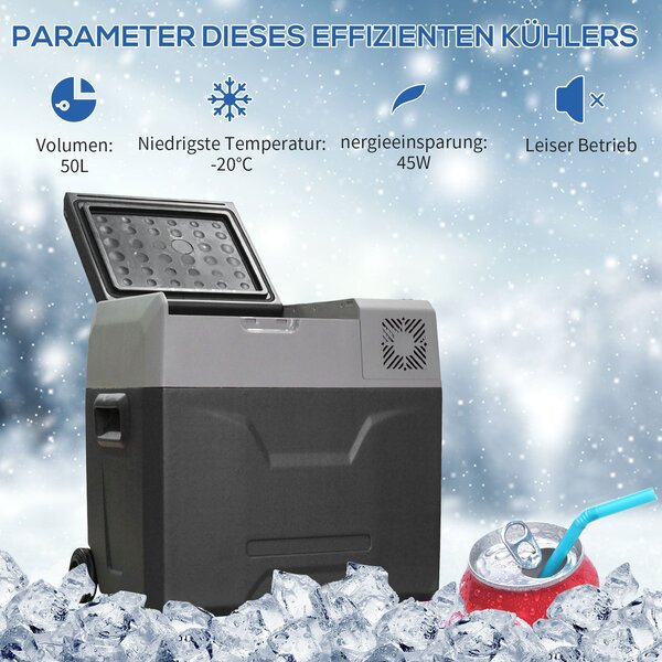 HOMCOM Chladnička s kompresorem 50 litrů Elektrická chlazená až na -20°C Mini chladnička s ECO módem, funkce chlazení, mrazící box 12/230 V pro auto