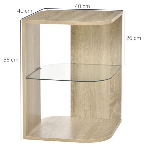 HOMCOM Moderní konferenční stolek s 3 skleněnými policemi do obývacího pokoje a ložnice 40x40x56cm Přírodní dřevo | Aosom