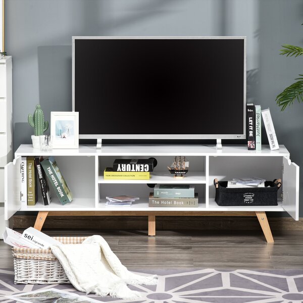 HOMCOM Moderní TV Stolek pro Televize do 65 palců s 2 Dveřmi, 2 Otevřenými Policemi a Dřevěnými Nohami 150x39x50 cm Bílý | Aosom