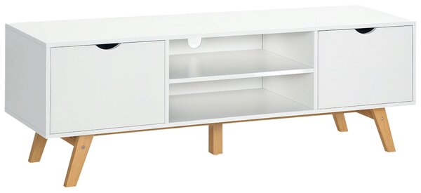 HOMCOM Moderní TV Stolek pro Televize do 65 palců s 2 Dveřmi, 2 Otevřenými Policemi a Dřevěnými Nohami 150x39x50 cm Bílý | Aosom