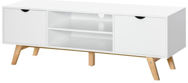 HOMCOM Moderní TV Stolek pro Televize do 65 palců s 2 Dveřmi, 2 Otevřenými Policemi a Dřevěnými Nohami 150x39x50 cm Bílý | Aosom