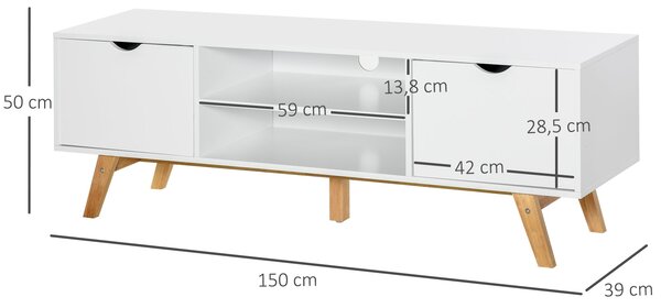 HOMCOM Moderní TV Stolek pro Televize do 65 palců s 2 Dveřmi, 2 Otevřenými Policemi a Dřevěnými Nohami 150x39x50 cm Bílý | Aosom
