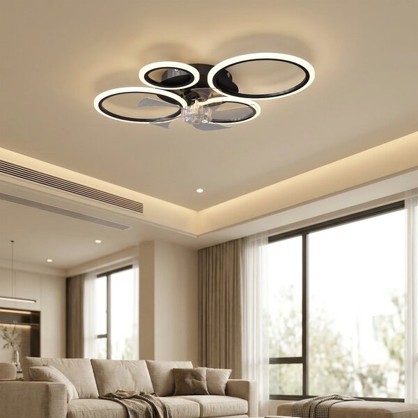 HOMCOM LED stropní ventilátor se světlem, tichý 30" (77 cm) s dálkovým ovládáním — 6 rychlostí, 3 teploty světla, DC motor, časovač — černý | Aosom