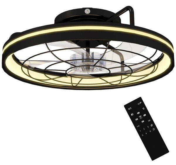 HOMCOM stropní ventilátor se světlem, dálkové ovládání, Ø48 cm, 40W LED, 3 teploty světla, časovač, 6 rychlostí, stmívatelný, tichý DC motor, černý |