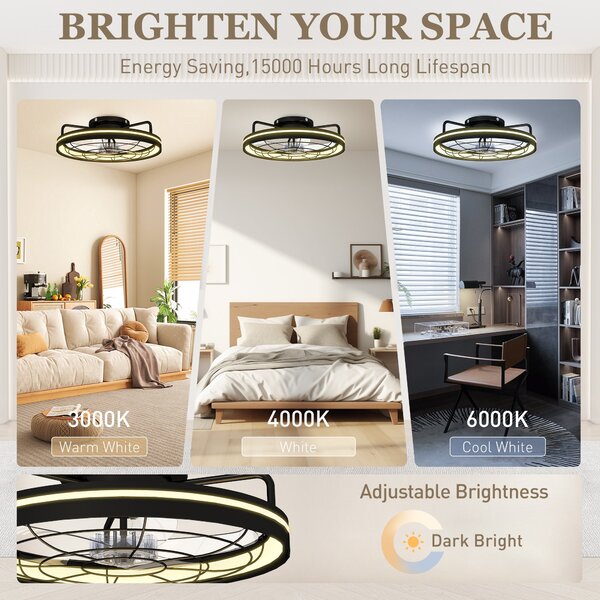 HOMCOM stropní ventilátor se světlem, dálkové ovládání, Ø48 cm, 40W LED, 3 teploty světla, časovač, 6 rychlostí, stmívatelný, tichý DC motor, černý |