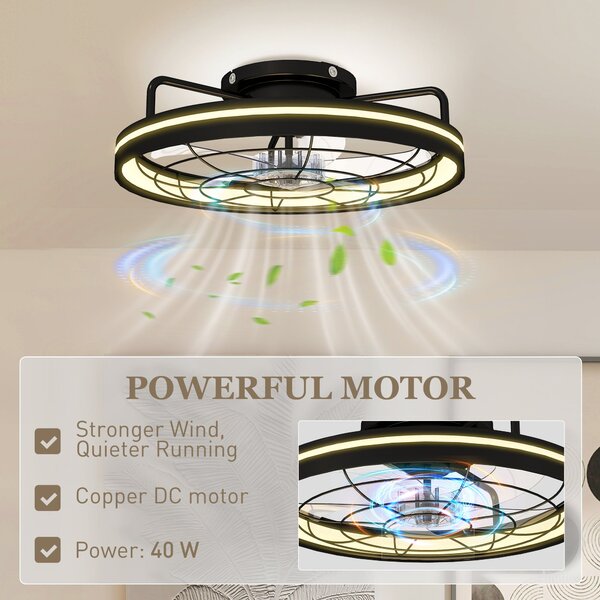 HOMCOM stropní ventilátor se světlem, dálkové ovládání, Ø48 cm, 40W LED, 3 teploty světla, časovač, 6 rychlostí, stmívatelný, tichý DC motor, černý |
