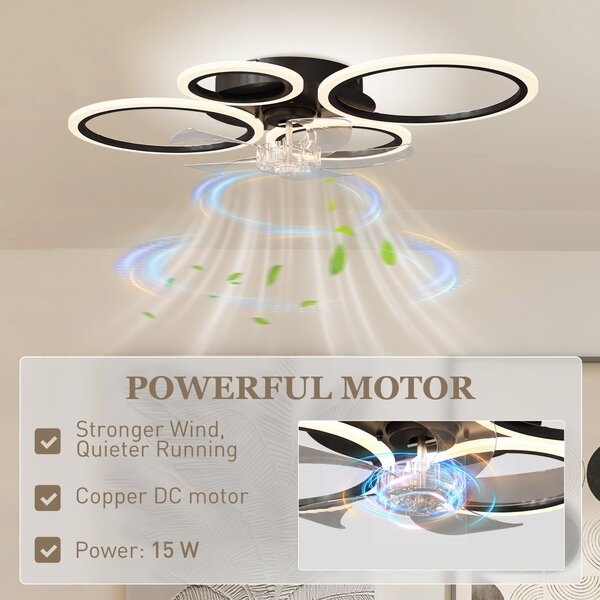 HOMCOM LED stropní ventilátor se světlem, tichý 30" (77 cm) s dálkovým ovládáním — 6 rychlostí, 3 teploty světla, DC motor, časovač — černý | Aosom