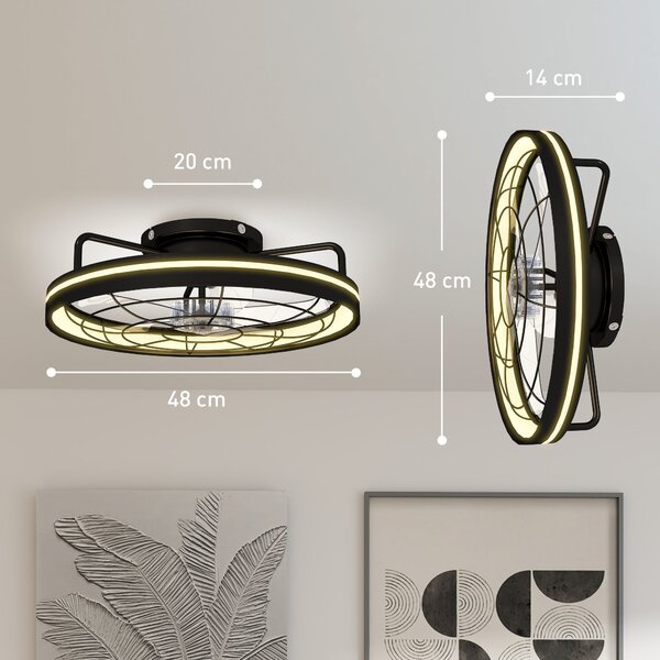 HOMCOM stropní ventilátor se světlem, dálkové ovládání, Ø48 cm, 40W LED, 3 teploty světla, časovač, 6 rychlostí, stmívatelný, tichý DC motor, černý |