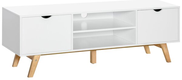 HOMCOM Moderní TV Stolek pro Televize do 65 palců s 2 Dveřmi, 2 Otevřenými Policemi a Dřevěnými Nohami 150x39x50 cm Bílý | Aosom