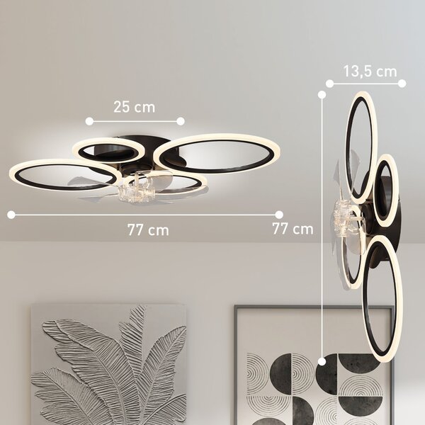 HOMCOM LED stropní ventilátor se světlem, tichý 30" (77 cm) s dálkovým ovládáním — 6 rychlostí, 3 teploty světla, DC motor, časovač — černý | Aosom